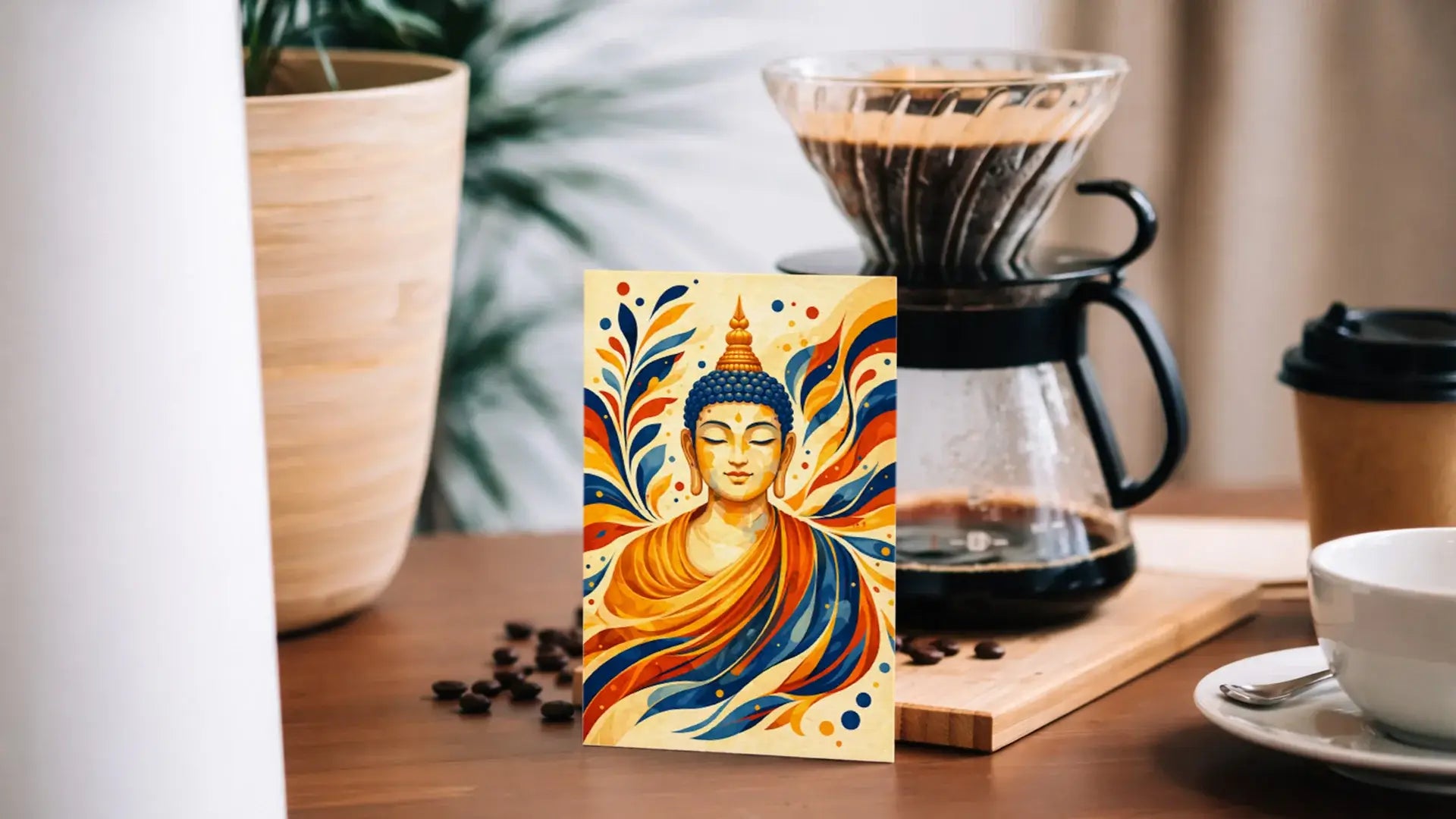 Colorful Buddha card illustration on a table with coffee-making equipment 
